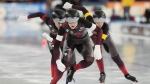 Canada's trio of Carolina Hiller, Maddison Pearman and Ivanie Blondin claimed World Cup bronze in the women's team sprint in long track speedskating action on Sunday. Team Canada with Carolina Hiller, left, Brooklyn MCDougall, center, and Ivanie Blondin of Canada, right, compete to win the women's Team Sprint of the Speedskating Single Distance World Championships at Thialf ice arena Heerenveen, Netherlands, Thursday, March 2, 2023. THE CANADIAN PRESS/AP-Peter Dejong