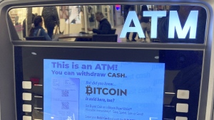 Canada's financial intelligence agency says it expects to see criminals increase their use of cryptocurrency to raise, move and hide funds outside the traditional banking system. Bitcoin is for sale at an Automated Teller Machine at the Westfield Garden State Plaza shopping mall in Paramus, New Jersey, on March 13, 2023. THE CANADIAN PRESS/AP-Ted Shaffrey