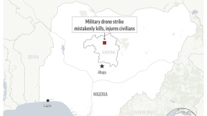 A Nigerian military drone targeting rebels bombed civilians at a religious celebration Sunday. (AP Graphic)
