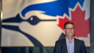 FILE - Toronto Blue Jays general manager Ross Atkins arrives for his end-of-season media availability in Toronto on Saturday October 7, 2023. THE CANADIAN PRESS/Frank Gunn 