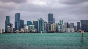The Miami skyline is viewed from the Rickenbacker Causeway in South Florida, Dec. 15, 2023. (Pedro Portal/Miami Herald via AP)