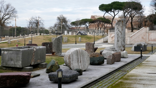 Archeological findings of the Roman Empire are displayed in the Park of Mount Celio Museum overlooking the Colosseum where is kept the giant marble map (Forma Urbis Romae) of the ancient Rome, Thursday, Jan. 11, 2024. The giant map of Rome was done under Emperor Septimius Severus in 203 A.D. The map is 18 meters by 13 meters. (AP Photo/Gregorio Borgia)