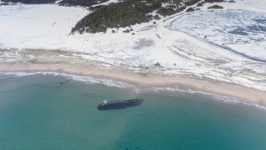 The massive, overturned hull of a seemingly ancient ship has appeared without warning along Newfoundland's southwestern tip as shown in this handout image provided by Corey Purchase. Wanda Blackmore says her 21-year-old son, Gordon, came roaring into her house last Saturday morning after spotting the long shadow beneath the water just off the beach in Cape Ray, N.L.THE CANADIAN PRESS/HO-Corey Purchase **MANDATORY CREDIT**