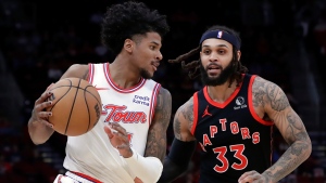 Houston Rockets guard Jalen Green, left, drives around Toronto Raptors guard Gary Trent Jr. (33) during the first half of an NBA basketball game Friday, Feb. 2, 2024, in Houston. (AP Photo/Michael Wyke)
