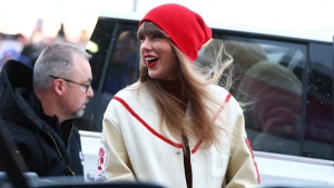 Taylor Swift arrives at Highmark Stadium to watch an NFL AFC division playoff football game between the Buffalo Bills and the Kansas City Chiefs, Sunday, Jan. 21, 2024, in Orchard Park, N.Y. (AP Photo/Jeffrey T. Barnes) 