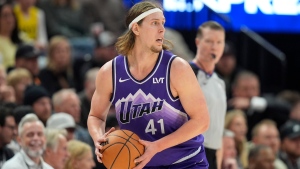 Utah Jazz forward Kelly Olynyk (41) passes the ball during the first half of an NBA basketball game against the Oklahoma City Thunder Tuesday, Feb. 6, 2024, in Salt Lake City. The Toronto Raptors have acquired the Canadian centre in a trade with Utah.THE CANADIAN PRESSAP-Rick Bowmer