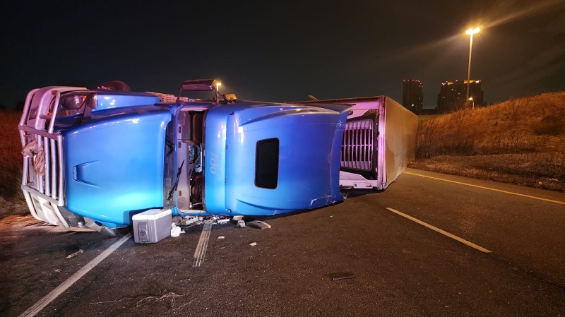 Impaired driving charges laid after transport truck rolls over in Mississauga