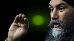 Federal New Democrat Leader Jagmeet Singh says he wants free birth control and morning-after pills for every Canadian who has a health card. Singh holds a press conference on Parliament Hill in Ottawa on Tuesday, Feb. 13, 2024. THE CANADIAN PRESS/Sean Kilpatrick