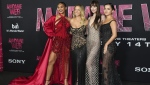 Celeste O'Connor, from left, Sydney Sweeney, Dakota Johnson and Isabela Merced arrive at the premiere of "Madame Web," Monday, Feb. 12, 2024, at the Regency Village Theatre in Los Angeles. (Photo by Jordan Strauss/Invision/AP)