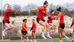 Angel City defender Megan Reid (jumping, centre) is shown at a Canadian camp on Friday, Feb. 16, 2024, at the South Texas Area Regional Soccer Complex in San Antonio ahead of the CONCACAF W Gold Cup. THE CANADIAN PRESS/HO-Canada Soccer  (jumping, centre) is shown at a Canadian camp on Friday, Feb. 16, 2024, at the South Texas Area Regional Soccer Complex in San Antonio ahead of the CONCACAF W Gold Cup. THE CANADIAN PRESS/HO-Canada Soccer 