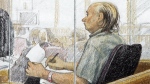 An artist's sketch shows accused serial killer Robert Pickton taking notes during the second day of his trial in B.C. Supreme Court in New Westminster, B.C., Tuesday January 31, 2006. (THE CANADIAN PRESS)