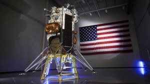 FILE - This photo provided by Intuitive Machines shows the company's IM-1 Nova-C lunar lander in Houston in October 2023. The company aims to launch the lander in mid-February 2024, on a SpaceX rocket. (Intuitive Machines via AP, File)