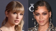 FILE -Taylor Swift appears at the American Music Awards in Los Angeles on Nov. 24, 2019, left, and Beyonce appears at the world premiere of "The Lion King" in Los Angeles on July 9, 2019. (AP Photo/File) 