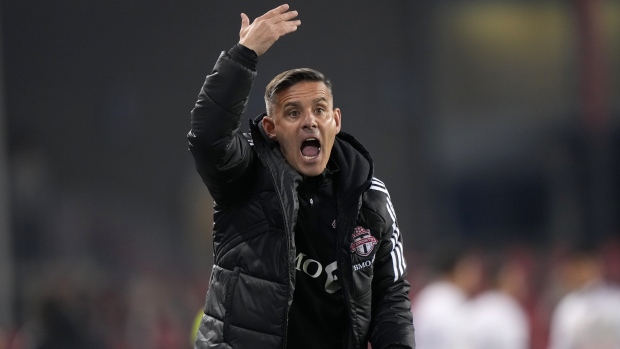 FILE - Toronto FC head coach John Herdman gestures from the sidelines during first half MLS soccer action against the Orlando City, in Toronto on Saturday, Oct. 21, 2023. THE CANADIAN PRESS/Nathan Denette