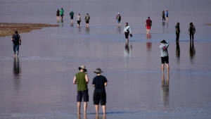People wade through water at Badwater Basin, Thursday, Feb. 22, 2024, in Death Valley National Park, Calif. The basin, normally a salt flat, has filled from rain over the past few months. (AP Photo/John Locher)