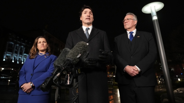 Canadian Prime Minister Justin Trudeau, centre, Deputy Prime Minister and Minister of Finance Chrystia Freeland, and the Minister of National Defence Bill Blair speak at a news conference in Kyiv, Ukraine on Saturday, February 24, 2024. THE CANADIAN PRESS/Nathan Denette