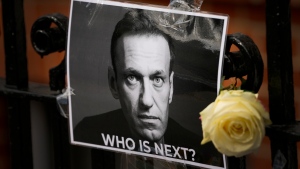 FILE - A flower and a picture are left as a tribute to Russian politician Alexei Navalny, near to the Russian Embassy in London, Feb. 18, 2024. (AP Photo/Kirsty Wigglesworth, File)