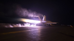 This image provided by the U.S. Navy shows an aircraft launching from USS Dwight D. Eisenhower (CVN 69) during flight operations in the Red Sea, Jan. 22, 2024. (Kaitlin Watt/U.S. Navy via AP)
