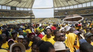 African National Congress supporters listen to South African President Cyril Ramaphosa at the Mose Mabhida stadium in Durban, South Africa, Saturday, Feb. 24, 2024, during their national manifesto launch in anticipation of the 2024 general elections. (AP Photo/Jerome Delay)
Jerome Delay