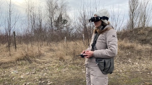 Yuliya Myronenko tests drones at field near Kyiv. (CTV National News)