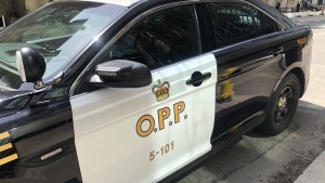 An Ontario Provincial Police vehicle sits idle in downtown Toronto, Tuesday, April 11, 2023. Ontario Provincial Police say a 32-year-old woman has died in a car crash in central Ontario. Officers say the OPP Dufferin Detachment responded to a collision late morning on Sunday in the Township of Melancthon, about 100 kilometres north of Toronto. THE CANADIAN PRESS/Tammy Hoy