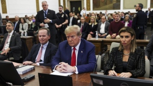 Former U.S. President Donald Trump, with lawyers Christopher Kise and Alina Habba, attends the closing arguments in the Trump Organization civil fraud trial at New York State Supreme Court in the Manhattan borough of New York, Thursday, Jan. 11, 2024. (Shannon Stapleton/Pool Photo via AP, File)