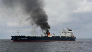 In this photo provided by the Indian Navy on Saturday, Jan. 27, 2024, a view of the oil tanker Marlin Luanda on fire after an attack, in the Red sea. The crew aboard a Marshall Islands-flagged tanker hit by a missile launched by Yemen’s Houthi rebels is battling a fire onboard the stricken vessel sparked by the strike. (Indian Navy via AP)