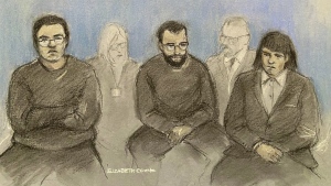 From left, court artist sketch by Elizabeth Cook of Brogan Stewart, Christopher Ringrose and Marco Pitzettu appearing via video link at Westminster Magistrates' Court, London, Tuesday, Feb. 27, 2024. (Elizabeth Cook/PA via AP)