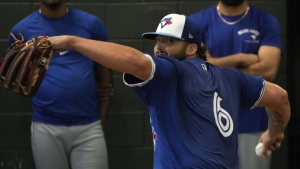 Toronto Blue Jays right-hander Alek Manoah struggled over 1 2/3 innings in his first start of the pre-season Tuesday afternoon against the Detroit Tigers. Manoah throws during a baseball spring training workout Sunday, Feb. 18, 2024, in Dunedin, Fla. THE CANADIAN PRESS/AP-Charlie Neibergall