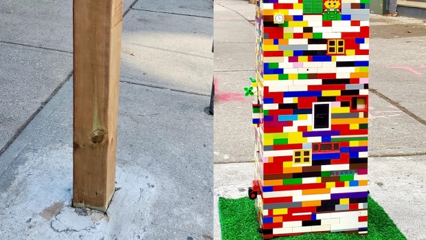 A street pole in Toronto is now covered in LEGO (Credit: Martin Reis). 