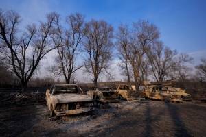 Charred vehicles sit at an auto body shop after the property was burned by the Smokehouse Creek Fire, Wednesday, Feb. 28, 2024, in Canadian, Texas. (AP Photo/Julio Cortez)