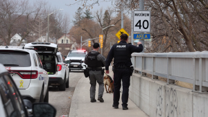 Durham police are on the scene of a stabbing and robbery in the area of John Street West and Centre Street South on Tuesday, Feb. 27, 2024. (Colin Williamson for CTV News)