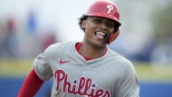 Philadelphia Phillies centre fielder Cristian Pache runs the bases after hitting a home run in the sixth inning of a spring training baseball game against the Toronto Blue Jays Thursday, Feb. 29, 2024, in Dunedin, Fla. THE CANADIAN PRESS/AP-Charlie Neibergall