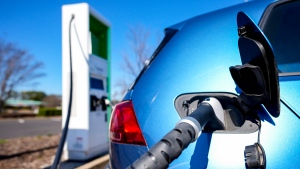 A vehicle is plugged into an electric vehicle charger on Friday, Feb. 2, 2024. (AP Photo/Mike Stewart)