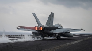 F/A-18F Super Hornet fighter jet takes off from the U.S.S. aircraft carrier Dwight D. Eisenhower, also known as the 'IKE', on the south Red Sea, Tuesday, Feb. 13, 2024. (Bernat Armangue/AP Photo)