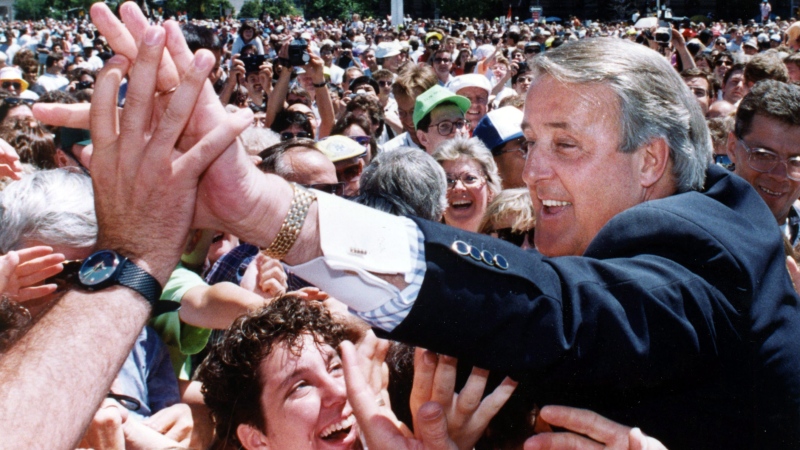 FILE - Prime Minister Brian Mulroney greets Canada Day crowds on Parliament Hill in Ottawa on July 1, 1991. The Canadian Press/Frank Gunn 
