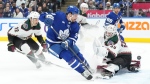 Toronto Maple Leafs' Auston Matthews shoots on Arizona Coyotes goaltender Connor Ingram during second period NHL hockey action in Toronto, on Thursday, February 29, 2024.THE CANADIAN PRESS/Chris Young