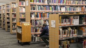 Books line shelves at the North York Central Library in Toronto on Friday, February 23, 2024. THE CANADIAN PRESS/Chris Young 