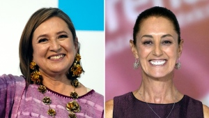 This combination of two file photos shows Xochitl Galvez, at left, arriving to register her name as a presidential candidate on July 4, 2023 in Mexico City, and at right, Claudia Sheinbaum at an event that presented her as her party's presidential nominee on Sept. 6, 2023 in Mexico City. (AP Photo/Fernando Llano, Files)