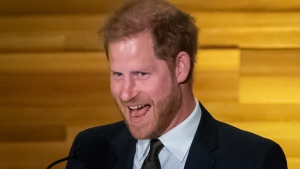 Prince Harry, the Duke of Sussex, smiles after making a joke in Vancouver on Friday, Feb. 16, 2024 THE CANADIAN PRESS/Ethan Cairns
