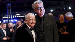 U.S. director Martin Scorsese, left, and Wim Wenders attend the presentation of the Honorary Golden Bear at this year's Berlinale, in Berlin, Tuesday, Feb. 20, 2024. (Britta Pedersen/dpa via AP)