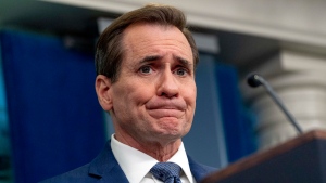 White House national security communications adviser John Kirby takes a question from a reporter during a press briefing at the White House in Washington, Friday, March 1, 2024. (AP Photo/Andrew Harnik)