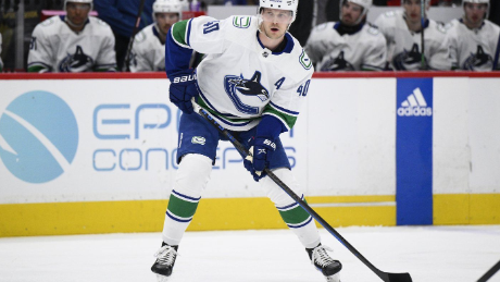 Vancouver Canucks centre Elias Pettersson (40) in action during the second period of an NHL hockey game against the Washington Capitals, Sunday, Feb. 11, 2024, in Washington. (AP Photo/Nick Wass)