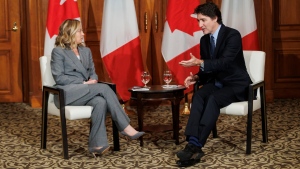 Canadian Prime Minister Justin Trudeau, right, meets with Prime Minister of Italy Giorgia Meloni in Toronto on Saturday, Mar. 2, 2024. THE CANADIAN PRESS/Cole Burston