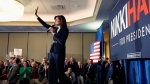 Republican presidential candidate former U.N. Ambassador Nikki Haley wraps up her speech at a campaign event in South Burlington, Vermont, Sunday, March 3, 2024. (AP Photo/Michael Dwyer)