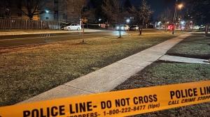Police tape cordons off the scene of a fatal shooting on Bergamot Avenue in Rexdale Monday March 4, 2024. (Mike Nguyen /CP24)