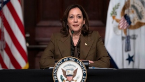 Vice President Kamala Harris speaks as she meets with voting rights leaders, in the Indian Treaty Room of the Eisenhower Executive Office Building on the White House complex in Washington on Tuesday, Feb. 27, 2024 (AP Photo/Jacquelyn Martin)