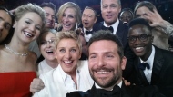 (From left) Jared Leto, Jennifer Lawrence, Channing Tatum, Meryl Streep, Julia Roberts, Kevin Spacey, Brad Pitt, Lupita Nyong'o, Angelina Jolie, Peter Nyong'o Jr. and Bradley Cooper pose for a selfie at the 2014 Oscars in Los Angeles.
(Ellen DeGeneres/Twitter via Getty Images)