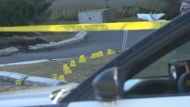 Police tape cordons off the scene of a fatal shooting on Bergamot Avenue in Rexdale Monday March 4, 2024.
