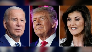 In this combination of photos, President Joe Biden speaks on Aug. 10, 2023, in Salt Lake City, left, and former President Donald Trump speaks on July 8, 2023, in Las Vegas, centre, and Republican presidential candidate former UN Ambassador Nikki Haley, speaks on Feb. 18, 2024, in Columbia, S.C., right. (AP Photo)